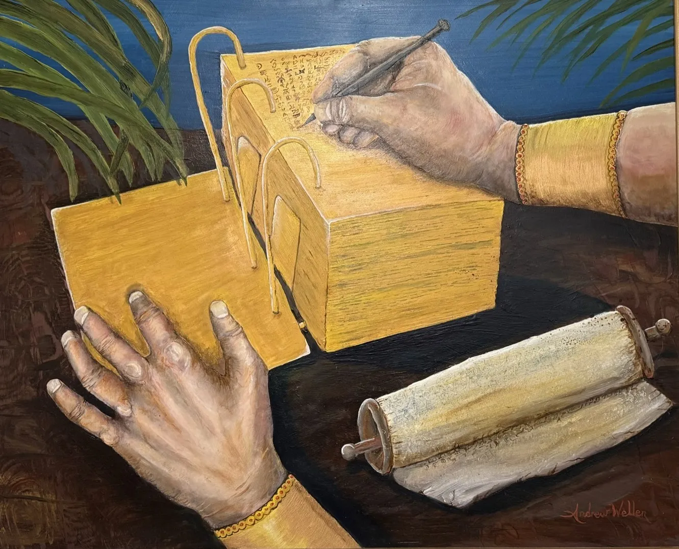 Oil painting of hands engraving the golden plates with a stylus